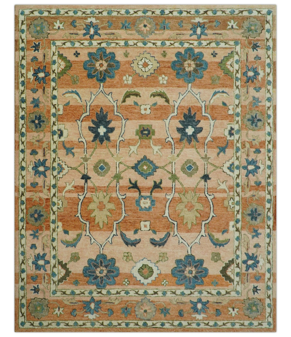 Custom Made Transitional Peach and Blue Hand Tufted Wool Area Rug - The Rug Decor
