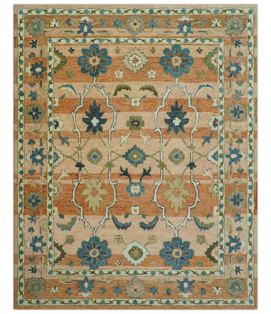 Custom Made Transitional Peach and Blue Hand Tufted Wool Area Rug - The Rug Decor