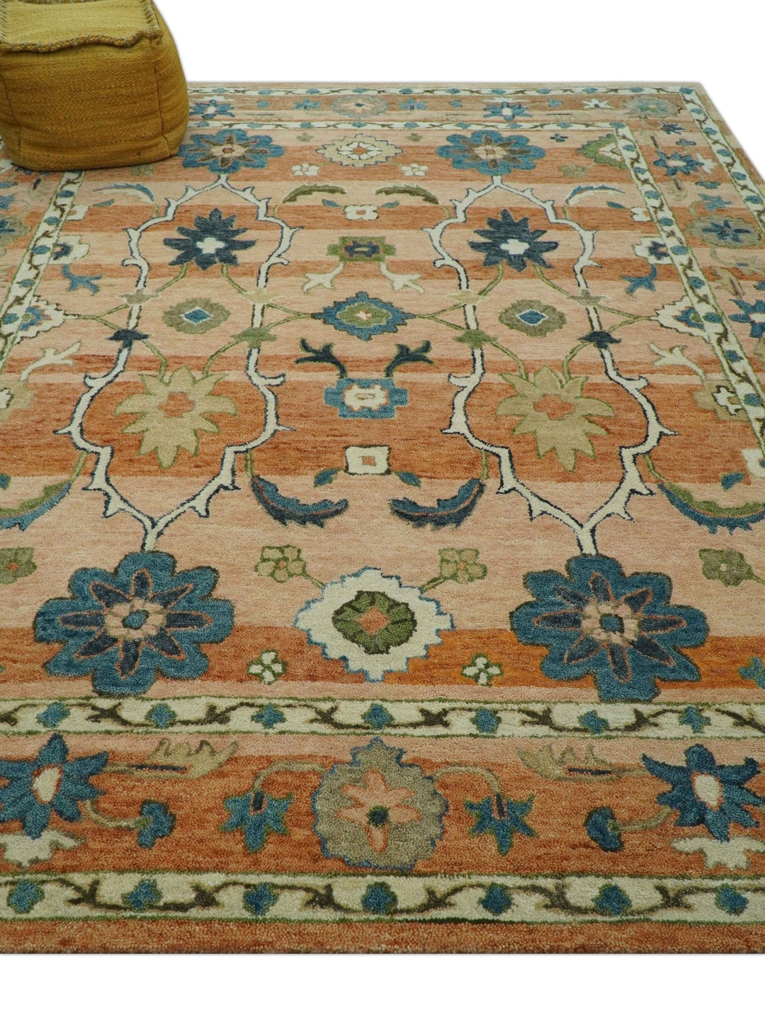 Custom Made Transitional Peach and Blue Hand Tufted Wool Area Rug - The Rug Decor