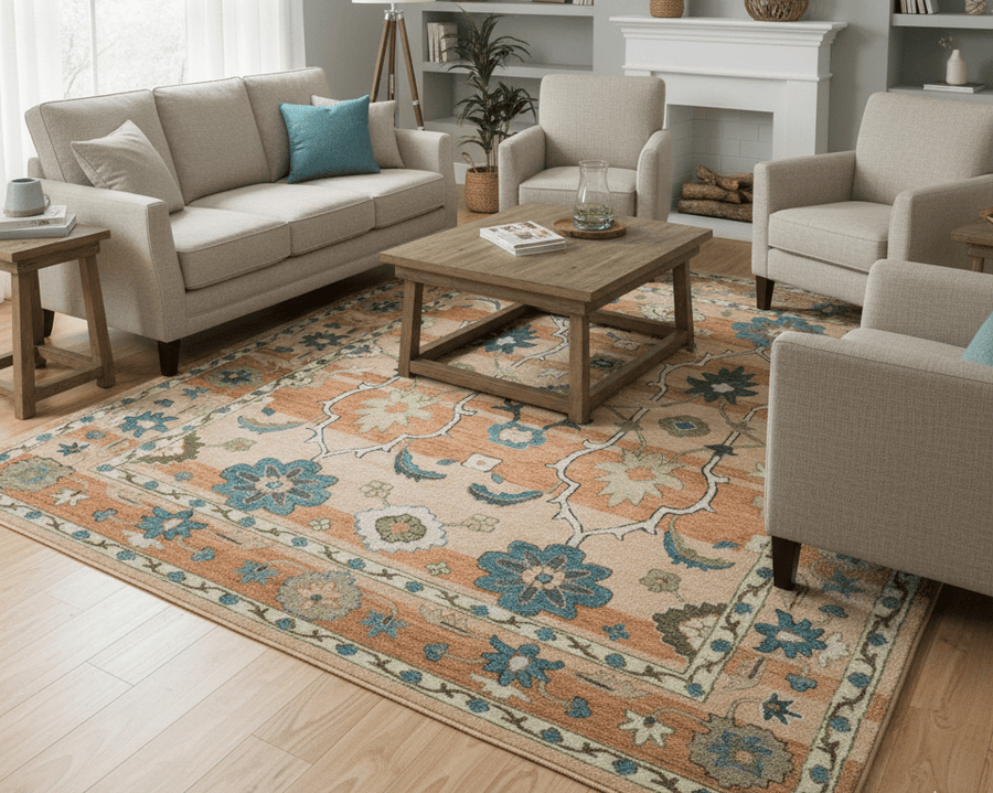 Custom Made Transitional Peach and Blue Hand Tufted Wool Area Rug - The Rug Decor