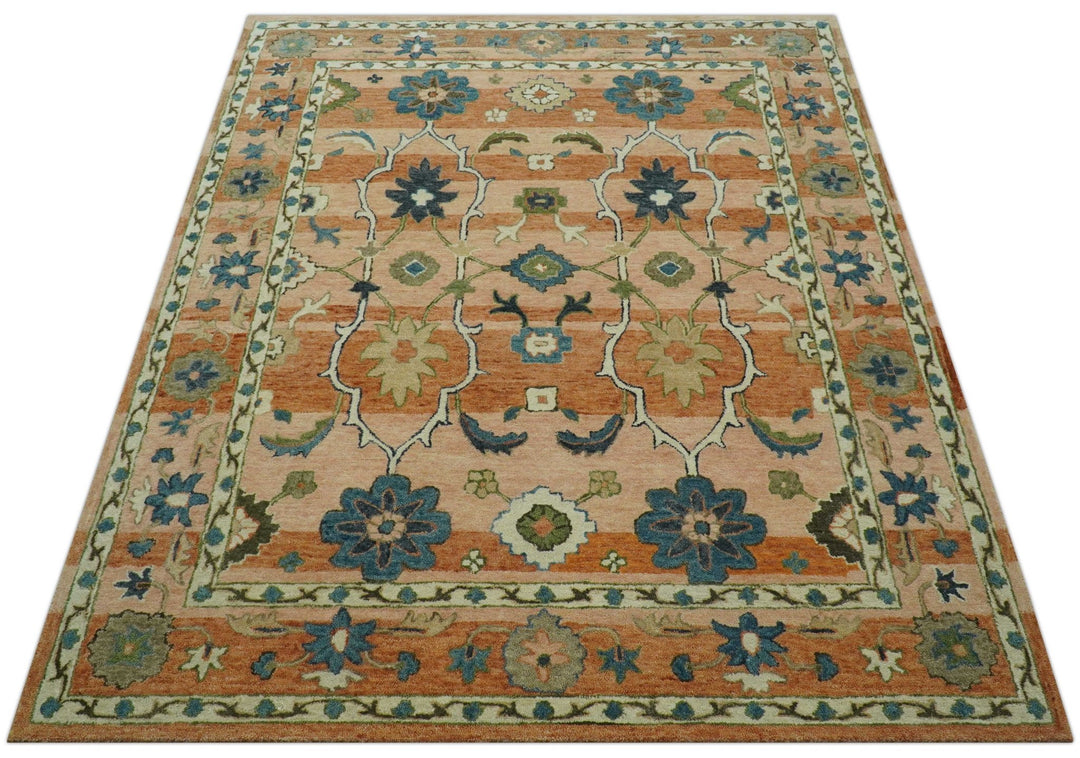 Custom Made Transitional Peach and Blue Hand Tufted Wool Area Rug - The Rug Decor