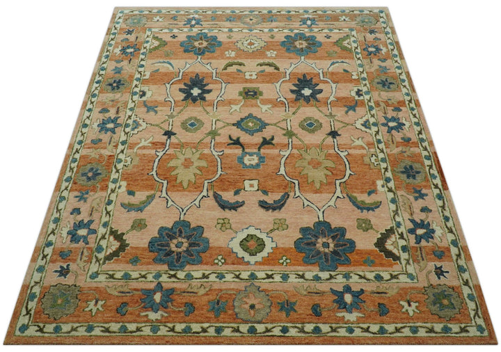 Custom Made Transitional Peach and Blue Hand Tufted Wool Area Rug - The Rug Decor