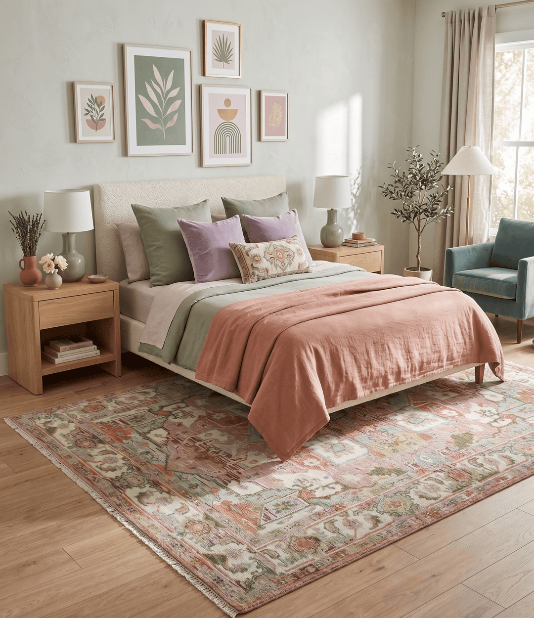 Custom Made Transitional Pink, Green and Ivory Turkish Design wool Area Rug - The Rug Decor