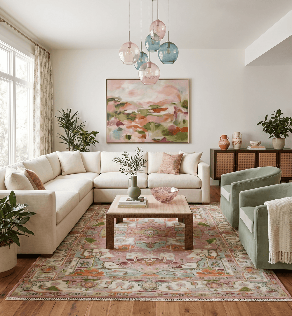 Custom Made Transitional Pink, Green and Ivory Turkish Design wool Area Rug - The Rug Decor