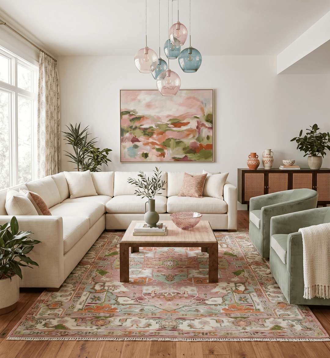 Custom Made Transitional Pink, Green and Ivory Turkish Design wool Area Rug - The Rug Decor