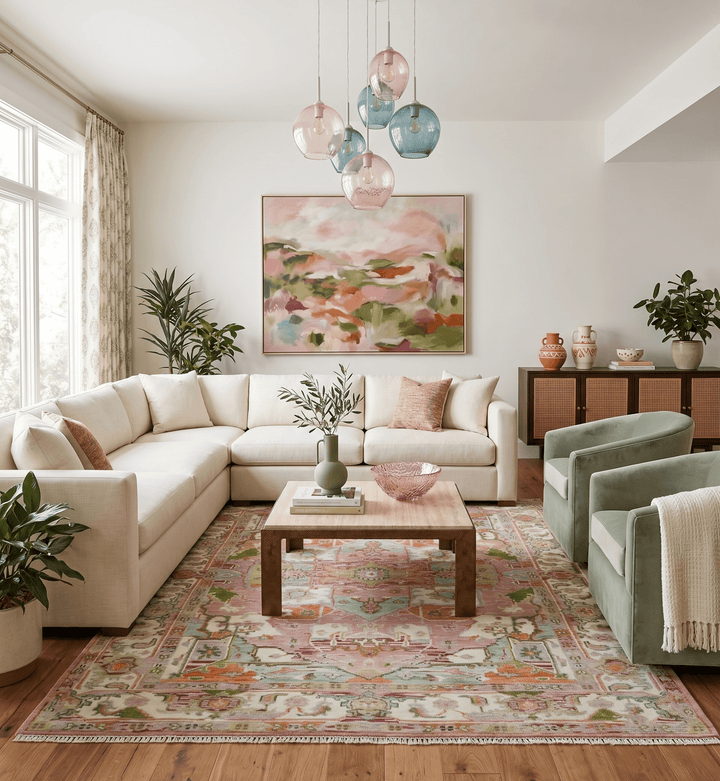 Custom Made Transitional Pink, Green and Ivory Turkish Design wool Area Rug - The Rug Decor