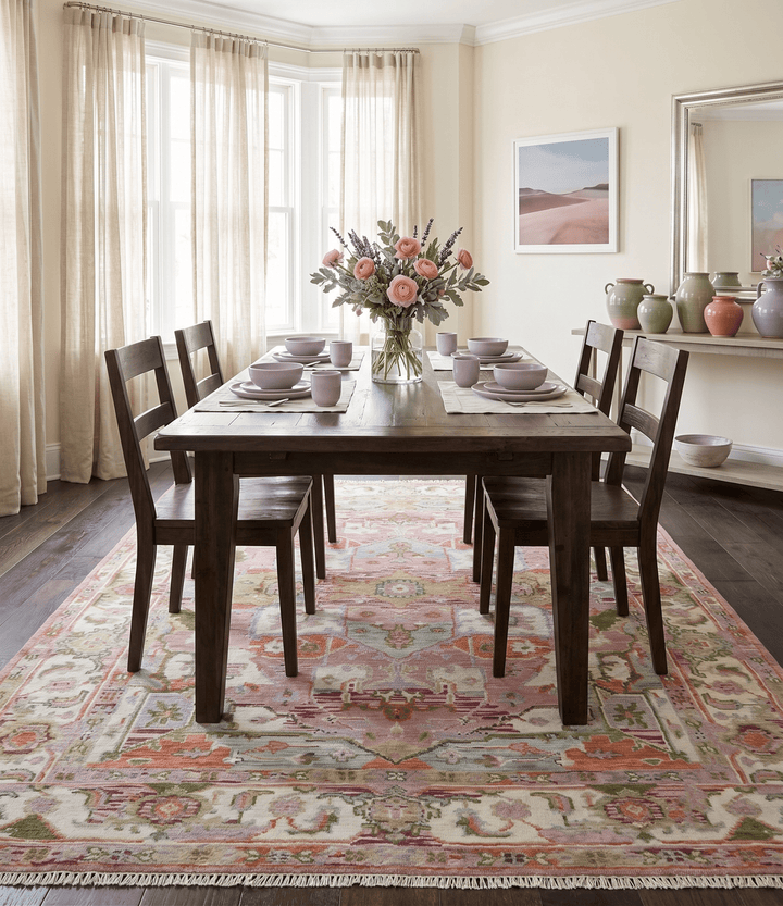 Custom Made Transitional Pink, Green and Ivory Turkish Design wool Area Rug - The Rug Decor