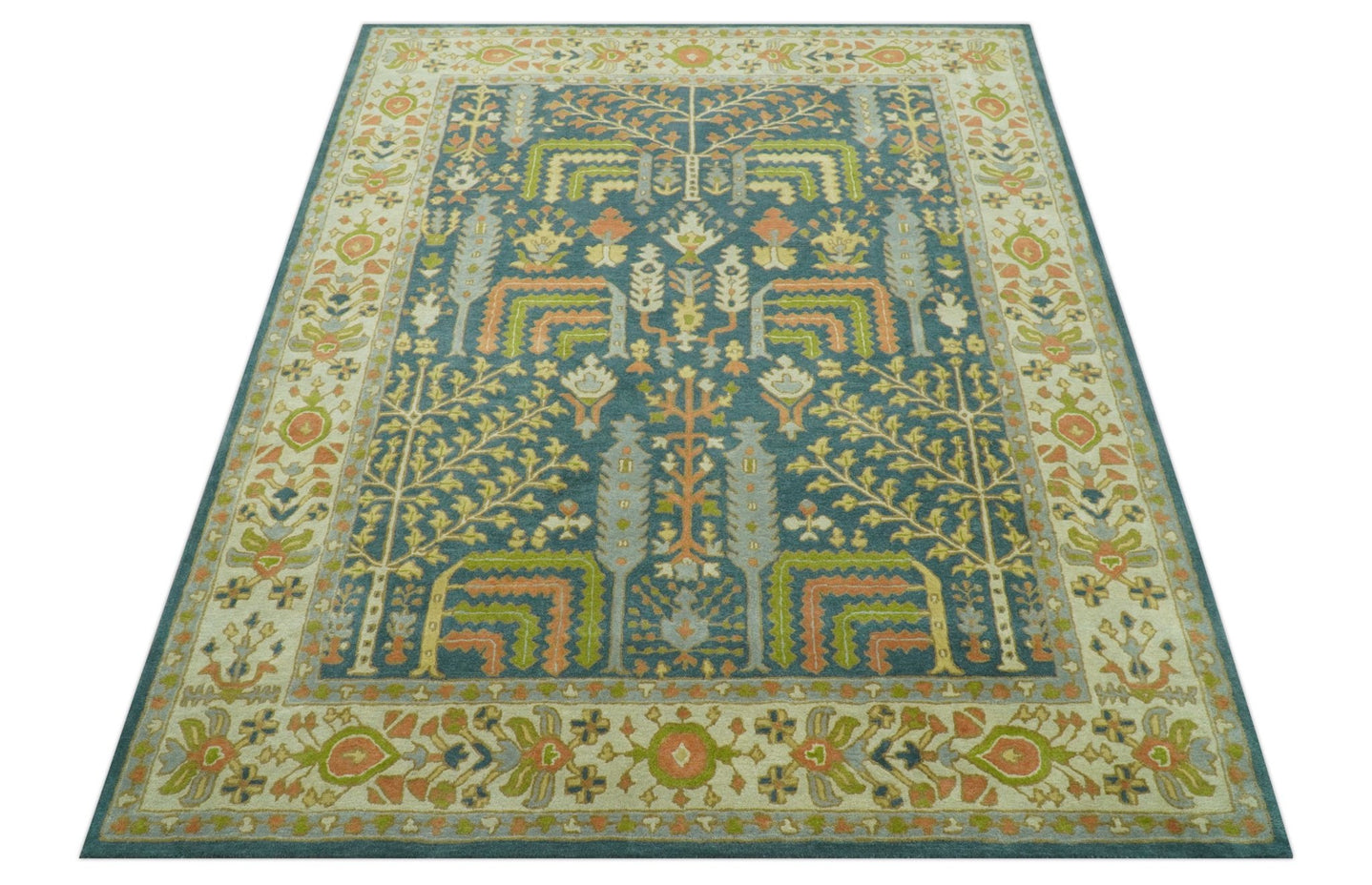 Custom Made Tree of Life Beige And Teal Floral Design Hand Tufted Wool Area Rug - The Rug Decor