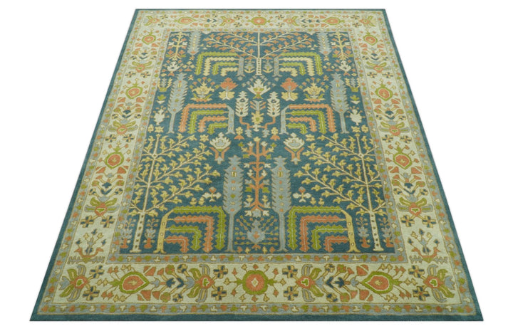 Custom Made Tree of Life Beige And Teal Floral Design Hand Tufted Wool Area Rug - The Rug Decor