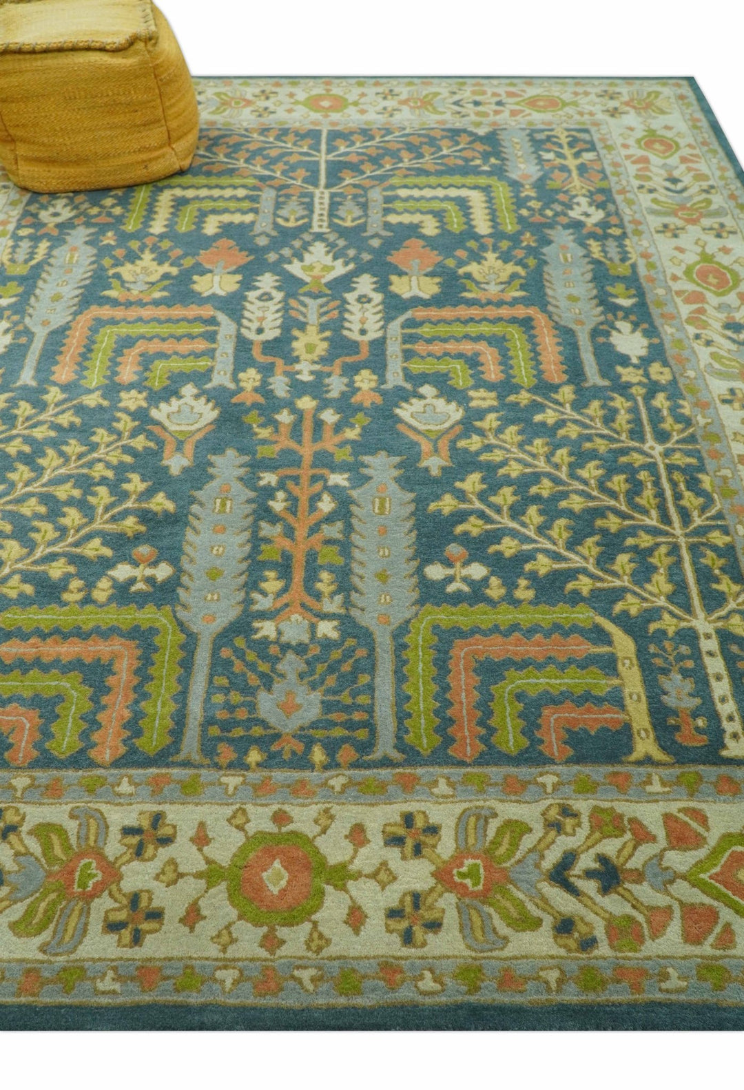 Custom Made Tree of Life Beige And Teal Floral Design Hand Tufted Wool Area Rug - The Rug Decor