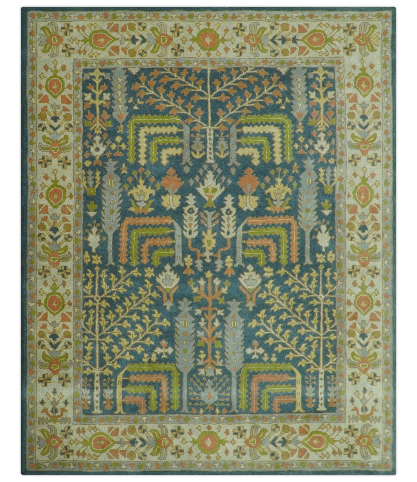 Custom Made Tree of Life Beige And Teal Floral Design Hand Tufted Wool Area Rug - The Rug Decor