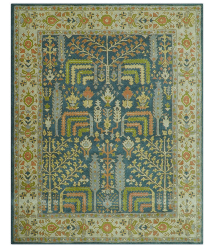 Custom Made Tree of Life Beige And Teal Floral Design Hand Tufted Wool Area Rug - The Rug Decor