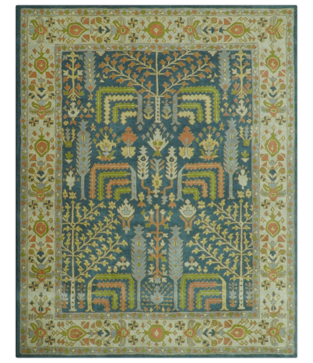 Custom Made Tree of Life Beige And Teal Floral Design Hand Tufted Wool Area Rug - The Rug Decor