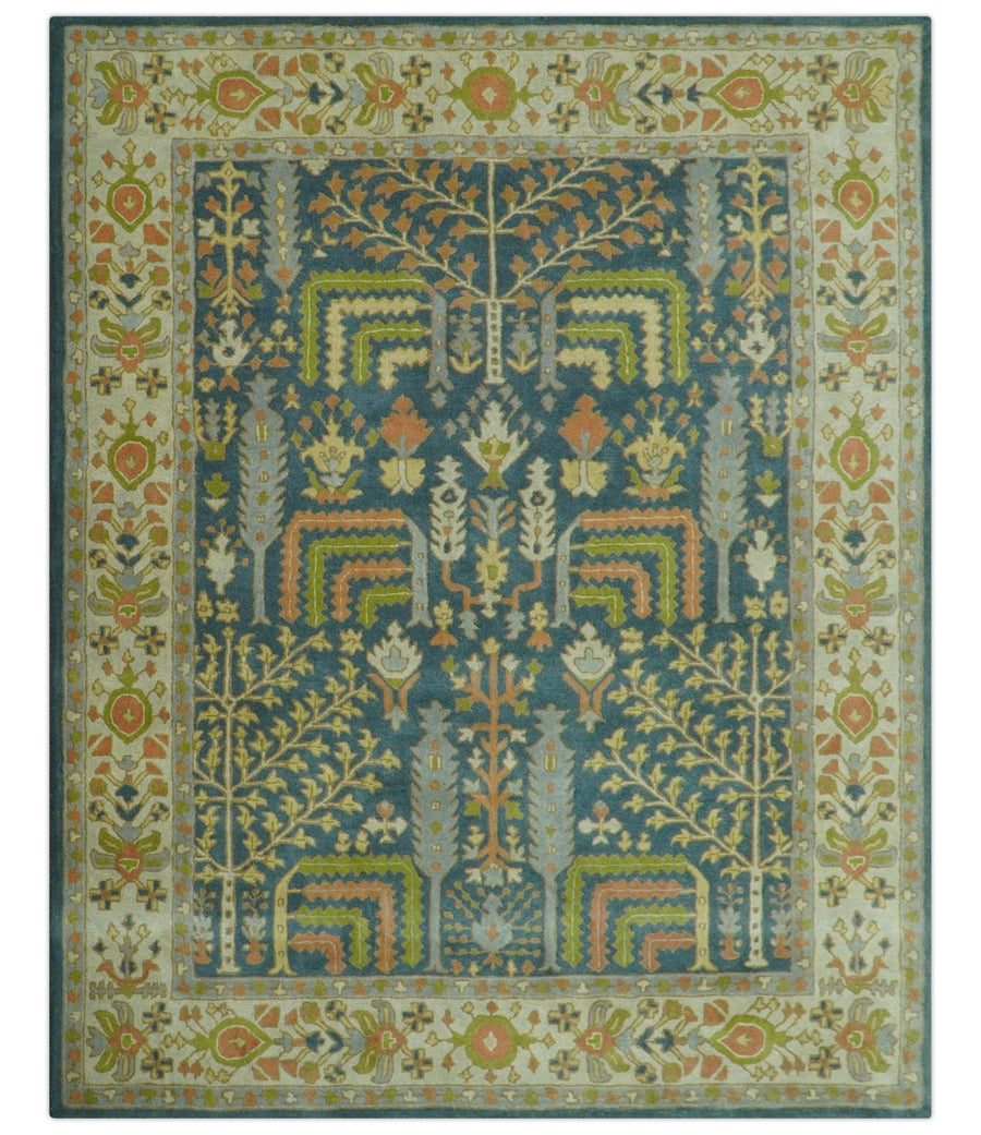 Custom Made Tree of Life Beige And Teal Floral Design Hand Tufted Wool Area Rug - The Rug Decor