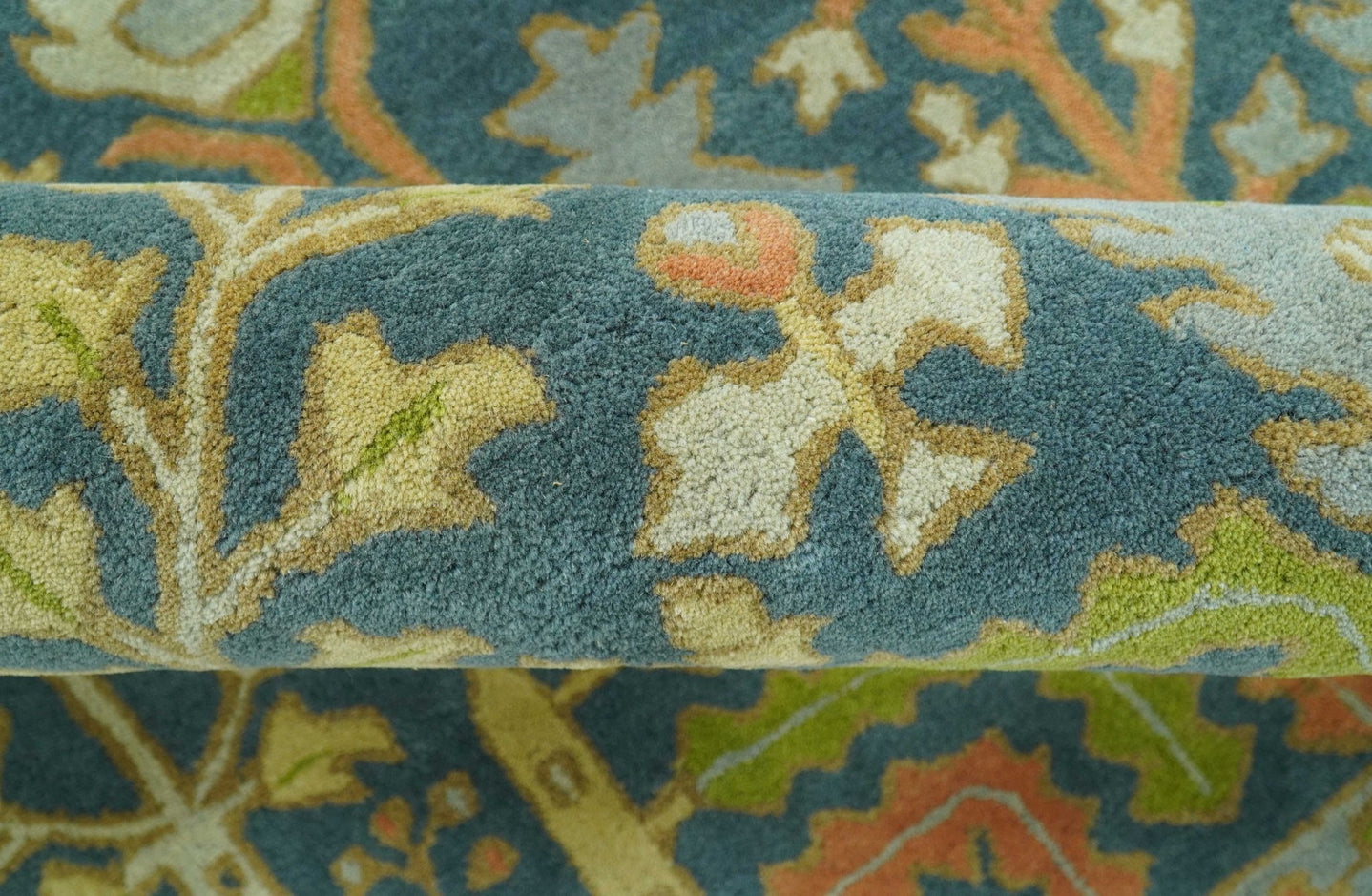 Custom Made Tree of Life Beige And Teal Floral Design Hand Tufted Wool Area Rug - The Rug Decor