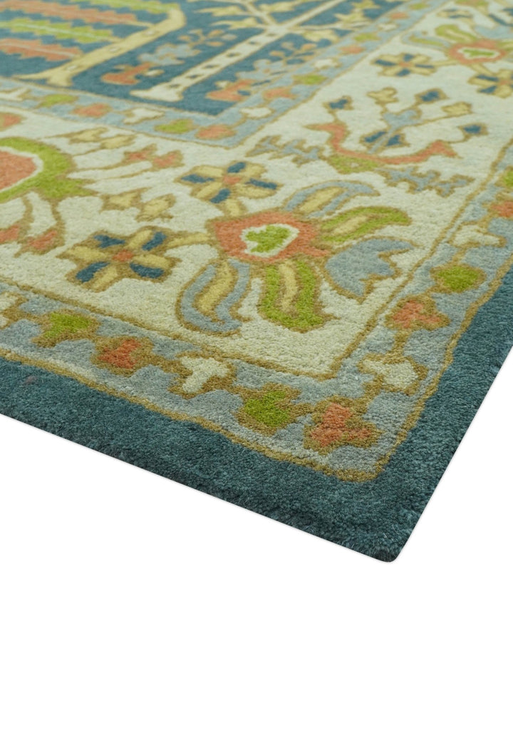 Custom Made Tree of Life Beige And Teal Floral Design Hand Tufted Wool Area Rug - The Rug Decor
