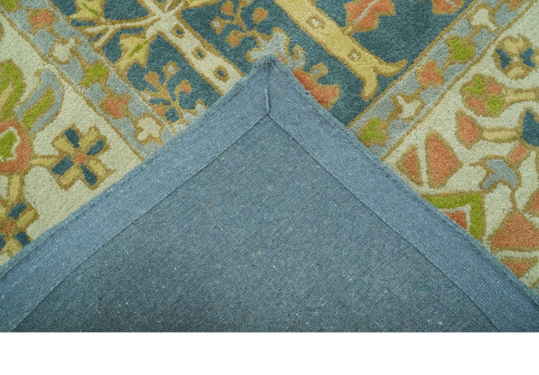 Custom Made Tree of Life Beige And Teal Floral Design Hand Tufted Wool Area Rug - The Rug Decor