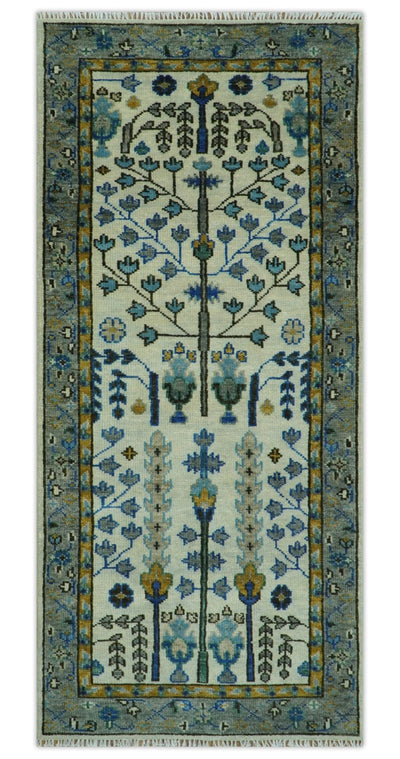 Custom Made Tree of life Hand Knotted Antique Ivory, Blue and Gray Traditional Oushak Wool area Rug - The Rug Decor