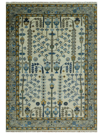 Custom Made Tree of life Hand Knotted Antique Ivory, Blue and Gray Traditional Oushak Wool area Rug - The Rug Decor