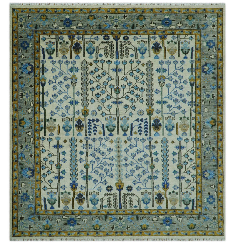 Custom Made Tree of life Hand Knotted Antique Ivory, Blue and Gray Traditional Oushak Wool area Rug - The Rug Decor