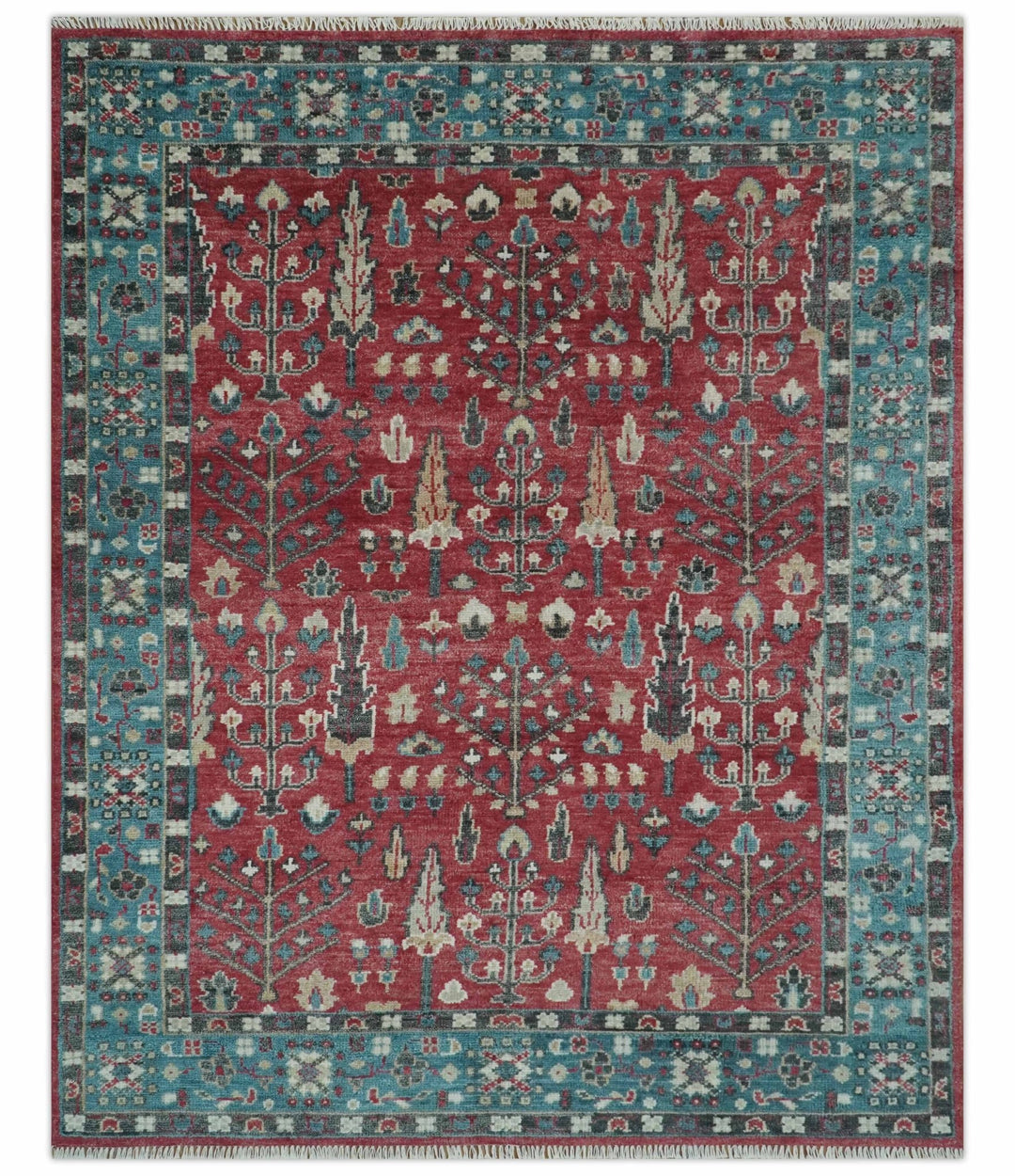 Maroon Rug Patterns Tree of Life Hand Knotted Maroon and Blue Traditional Wool area Rug
