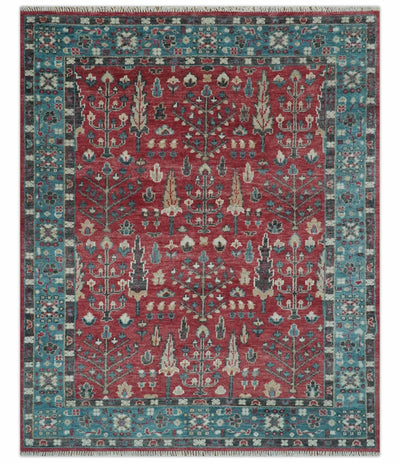 Custom Made Tree of Life Hand Knotted Maroon and Blue Traditional Wool area Rug - The Rug Decor