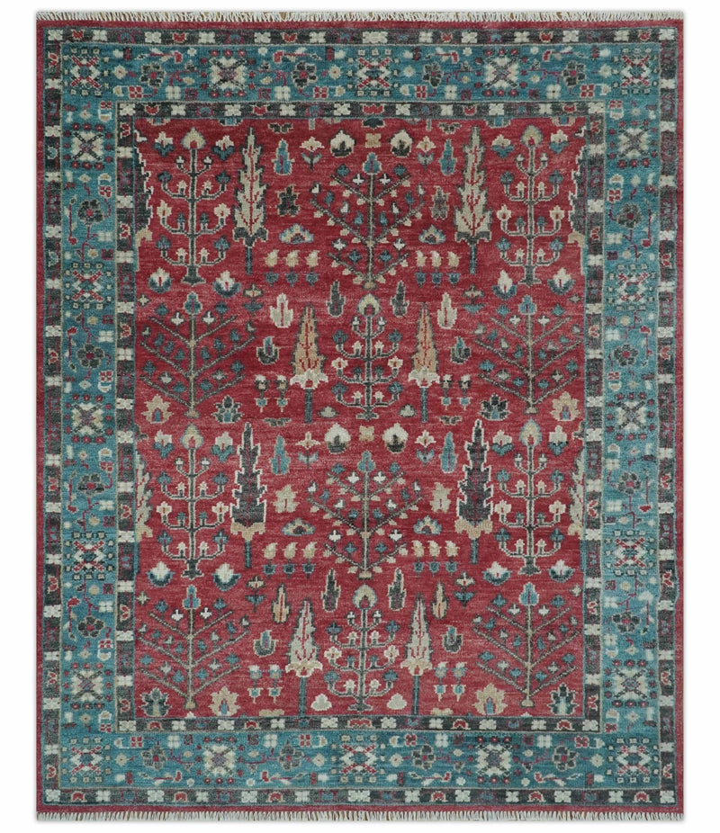 Custom Made Tree of Life Hand Knotted Maroon and Blue Traditional Wool area Rug - The Rug Decor