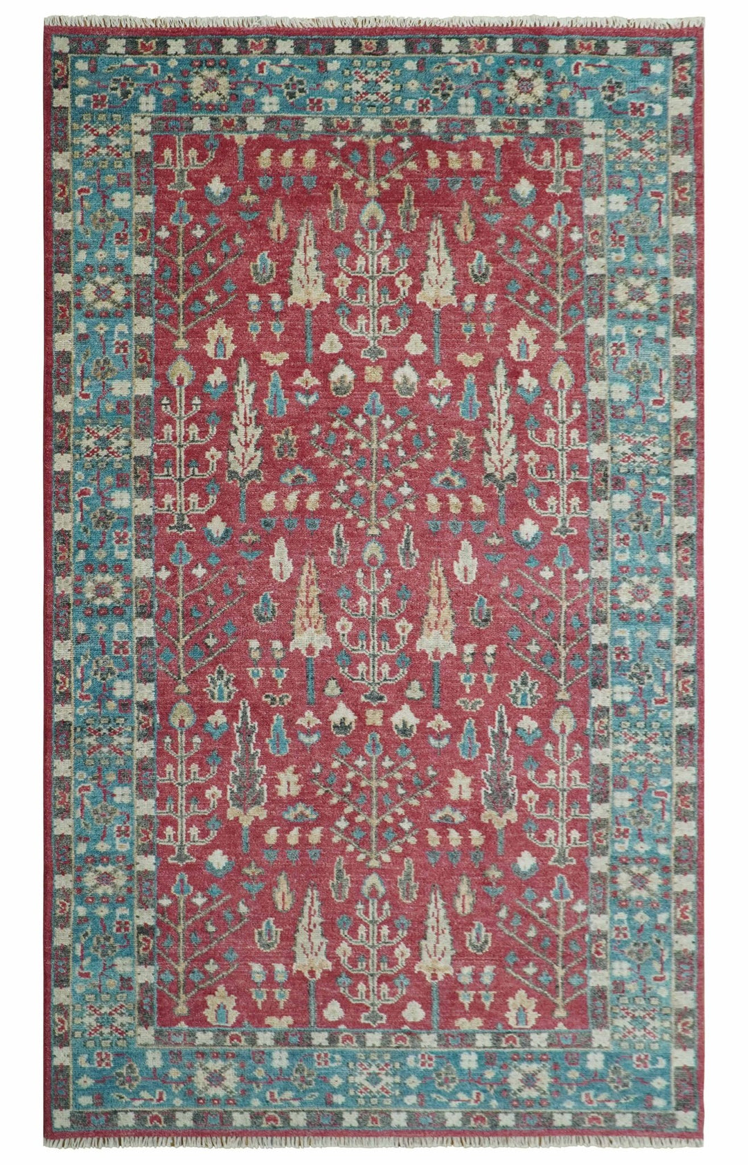 Custom Made Tree of Life Hand Knotted Maroon and Blue Traditional Wool area Rug - The Rug Decor
