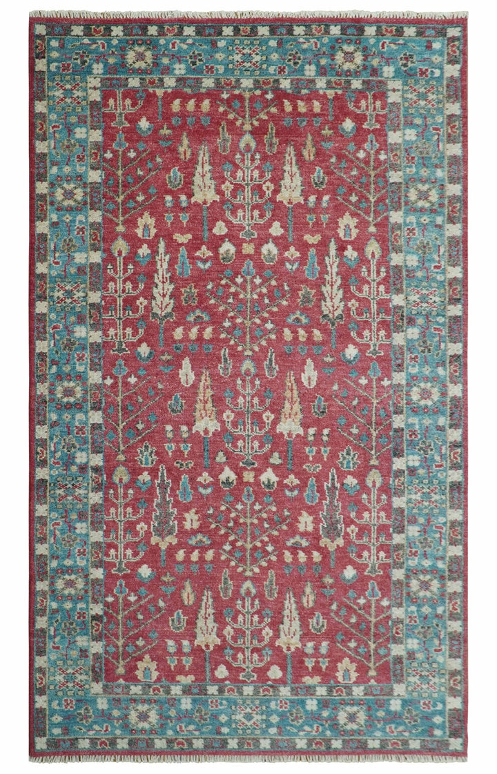 Custom Made Tree of Life Hand Knotted Maroon and Blue Traditional Wool area Rug - The Rug Decor