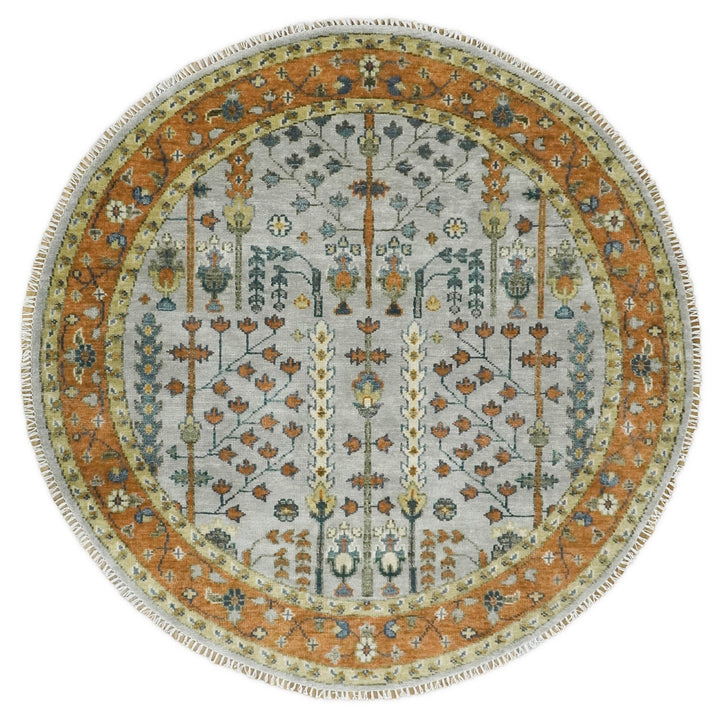 Custom Made Tree of life Rust And Silver Round Hand Knotted Wool Rug - The Rug Decor