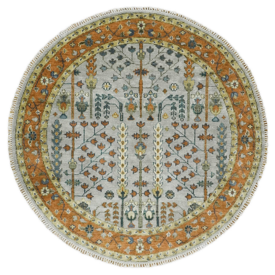 Custom Made Tree of life Rust And Silver Round Hand Knotted Wool Rug - The Rug Decor