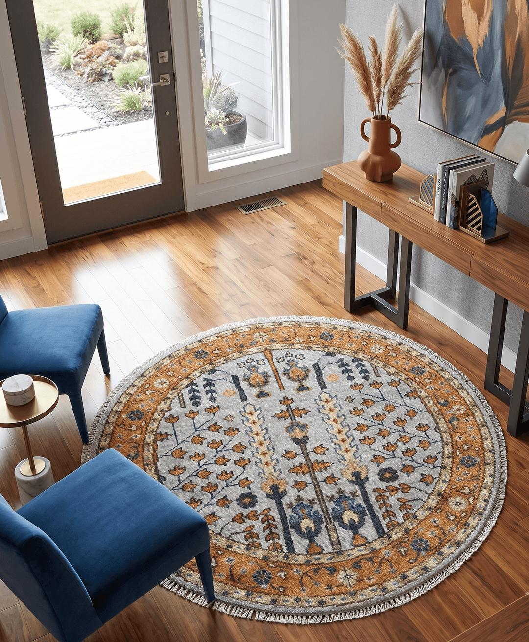 Custom Made Tree of life Rust And Silver Round Hand Knotted Wool Rug - The Rug Decor
