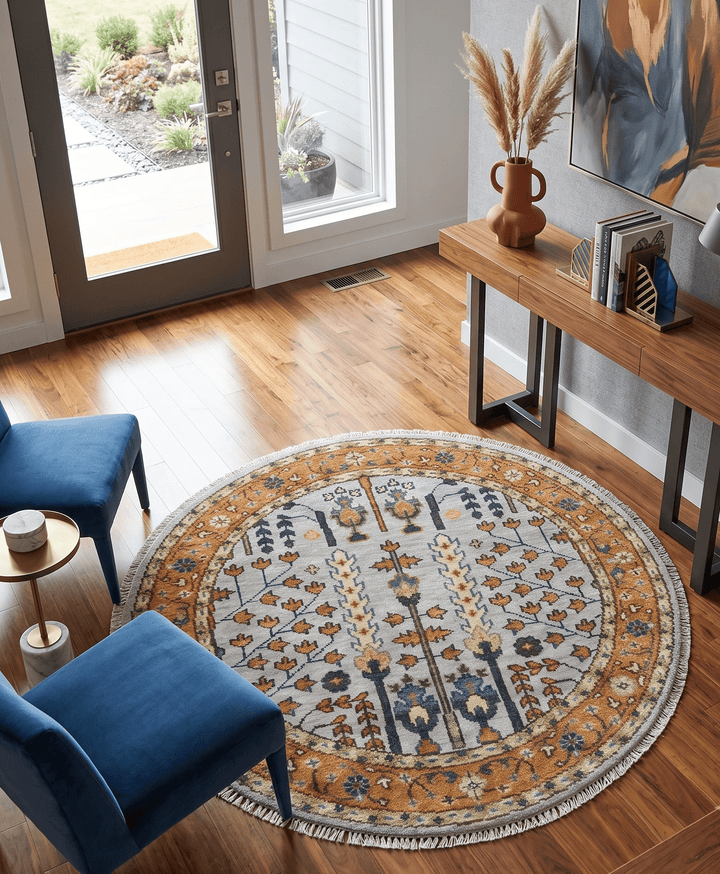 Custom Made Tree of life Rust And Silver Round Hand Knotted Wool Rug - The Rug Decor