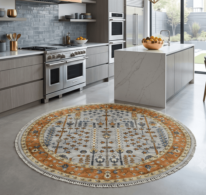 Custom Made Tree of life Rust And Silver Round Hand Knotted Wool Rug - The Rug Decor