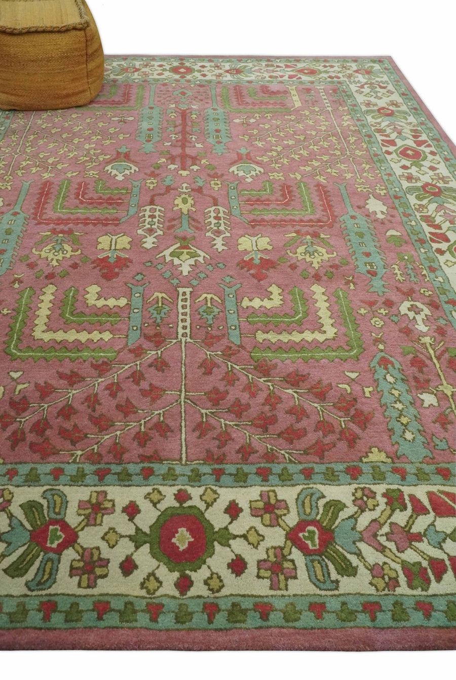Traditional Floral Dark Peach, Beige and Green Hand Tufted wool Rug ...