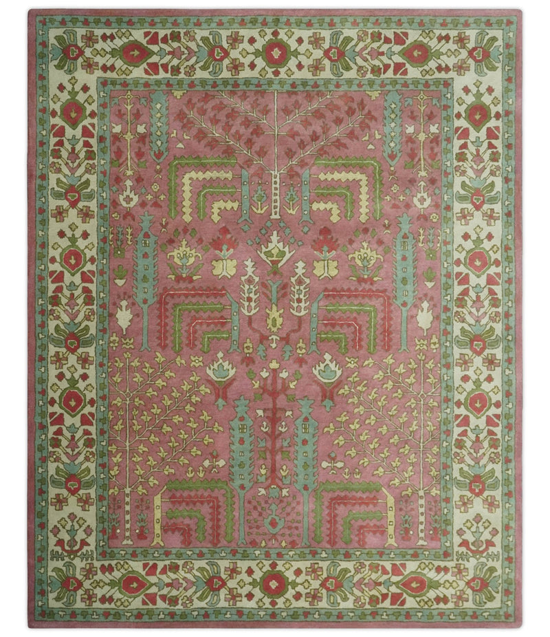 Custom Made Tree of life Traditional Floral Dark Peach, Beige and Green wool Area Rug - The Rug Decor