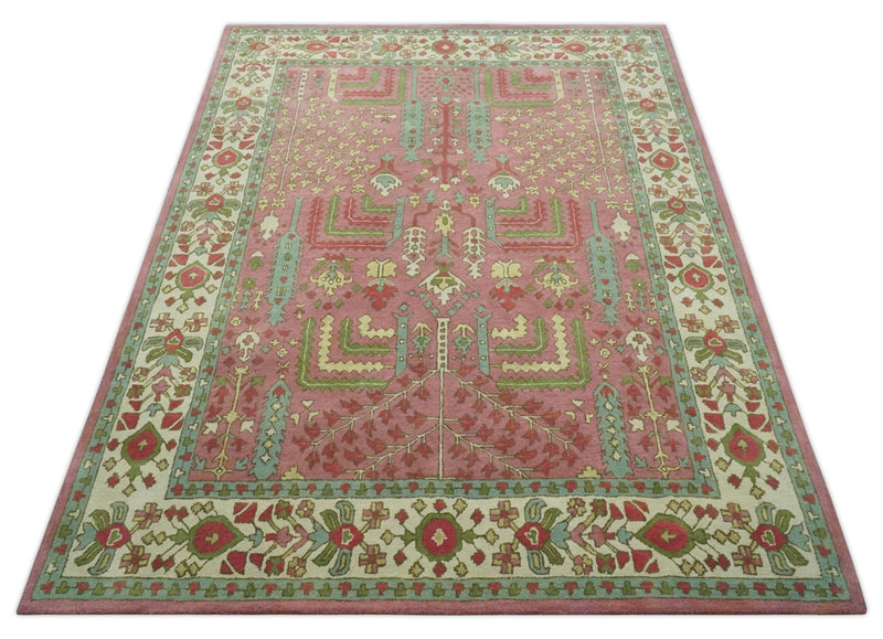 Custom Made Tree of life Traditional Floral Dark Peach, Beige and Green wool Area Rug - The Rug Decor
