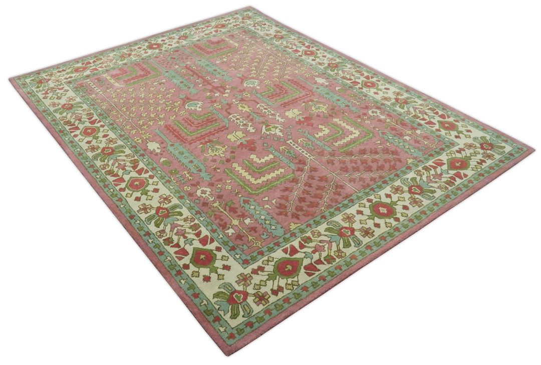 Traditional Floral Dark Peach, Beige and Green Hand Tufted wool Rug ...