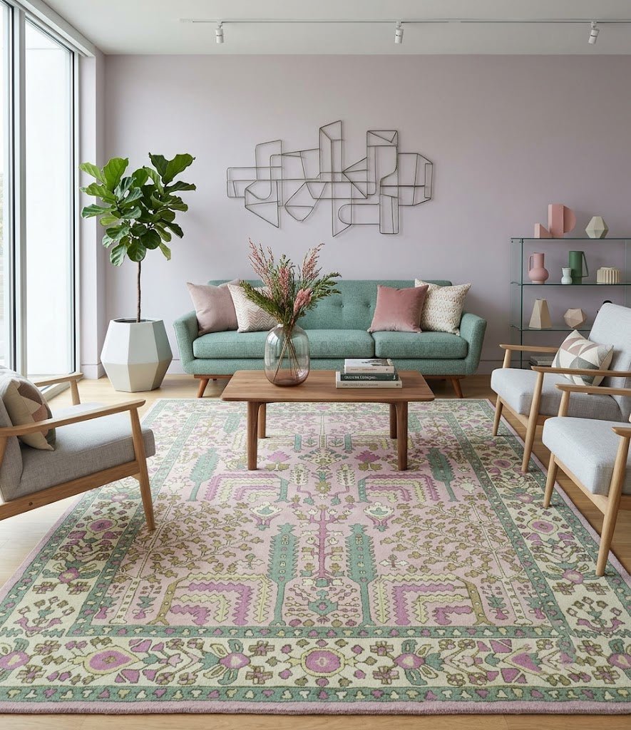 Custom Made Tree of life Traditional Floral Light Purple, Green, Olive and Beige Hand Tufted wool Area Rug - The Rug Decor