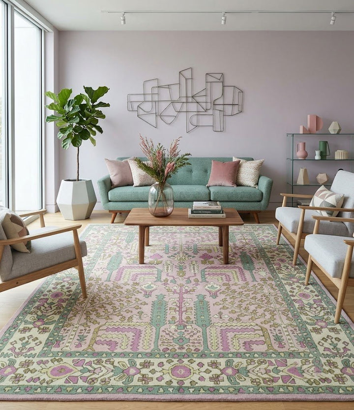 Custom Made Tree of life Traditional Floral Light Purple, Green, Olive and Beige Hand Tufted wool Area Rug - The Rug Decor