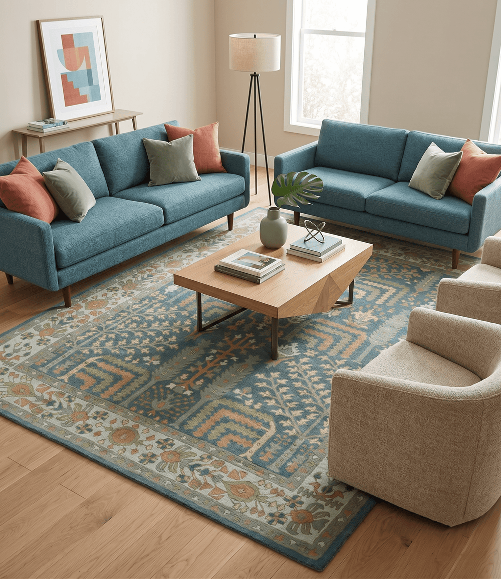Custom Made Tree of life Traditional Teal, Silver, Green and Dark Peach wool Rug - The Rug Decor