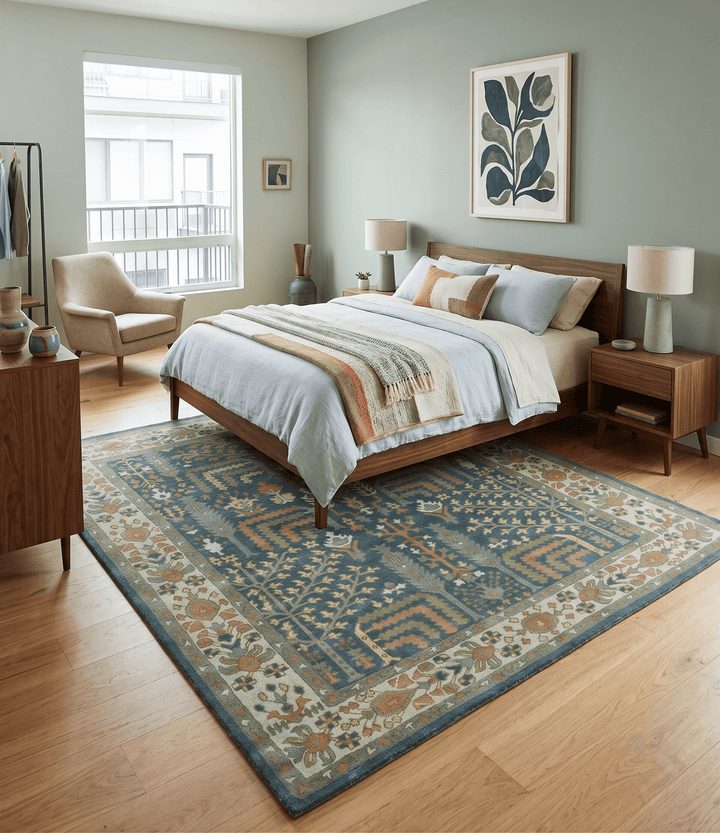 Custom Made Tree of life Traditional Teal, Silver, Green and Dark Peach wool Rug - The Rug Decor