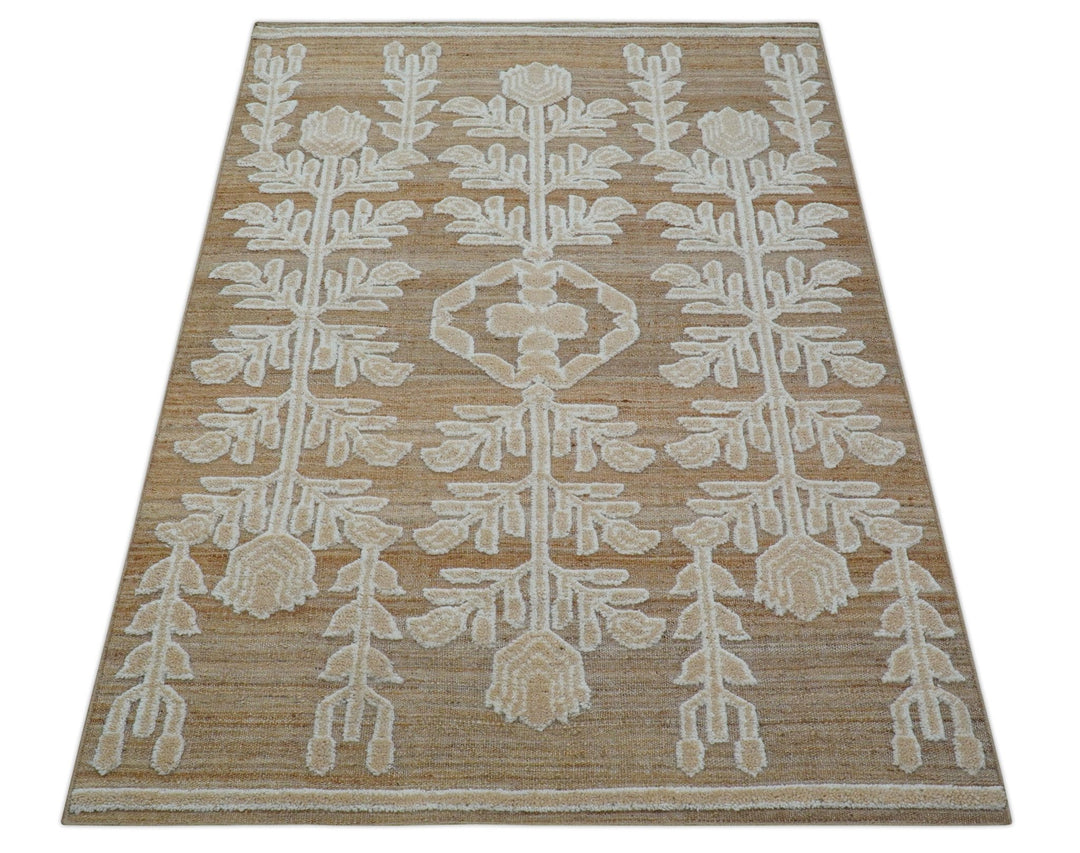 Custom Made Tribal Brown And Ivory Hand Knotted Wool and Jute Rug - The Rug Decor