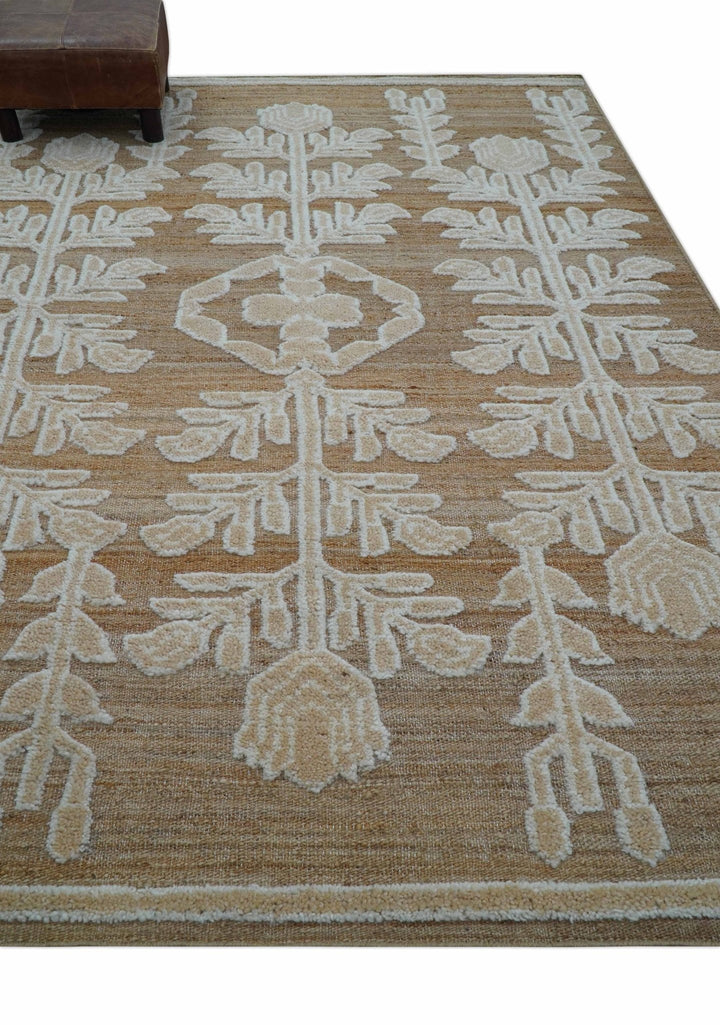 Custom Made Tribal Brown And Ivory Hand Knotted Wool and Jute Rug - The Rug Decor