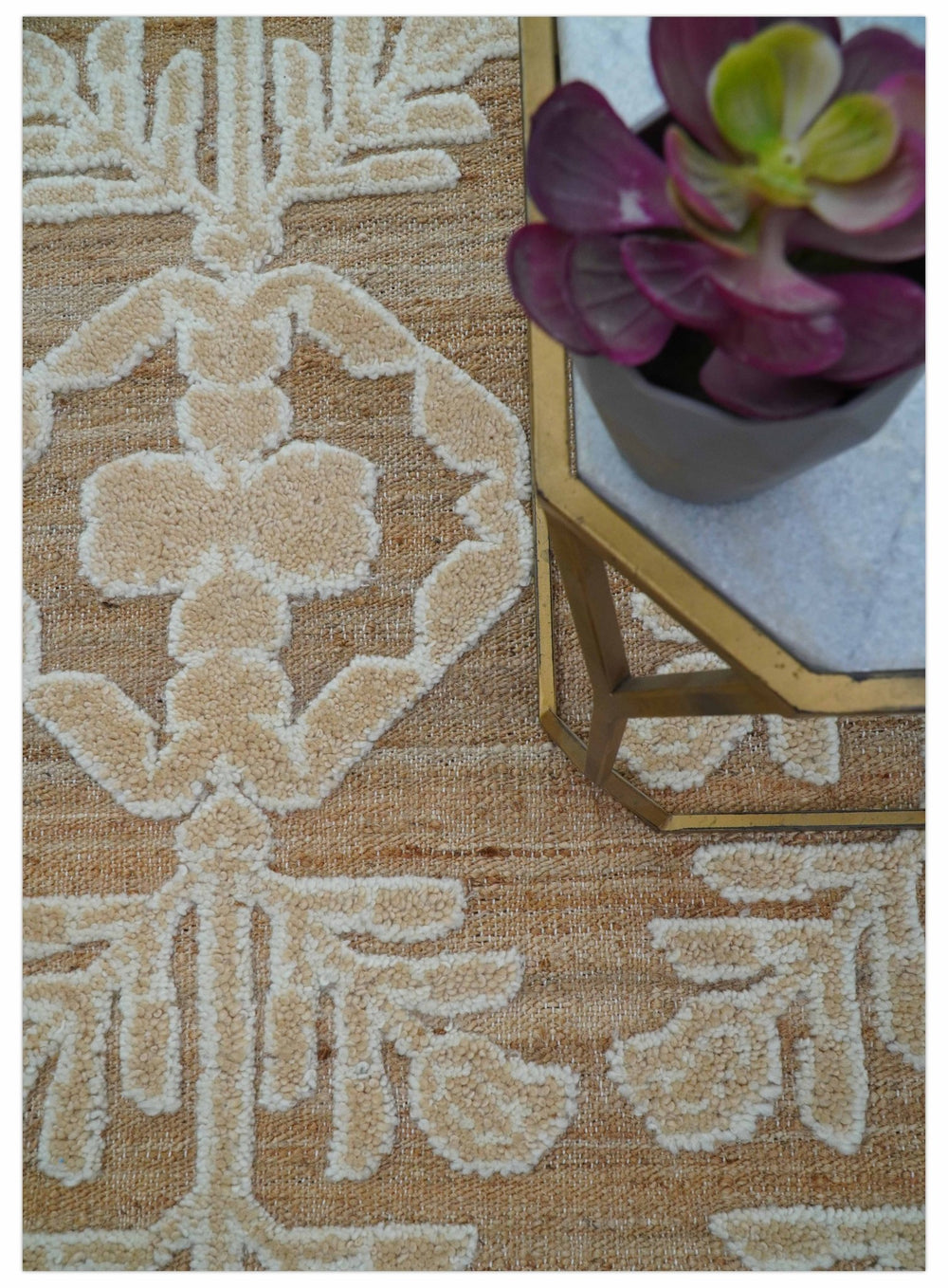Custom Made Tribal Brown And Ivory Hand Knotted Wool and Jute Rug - The Rug Decor