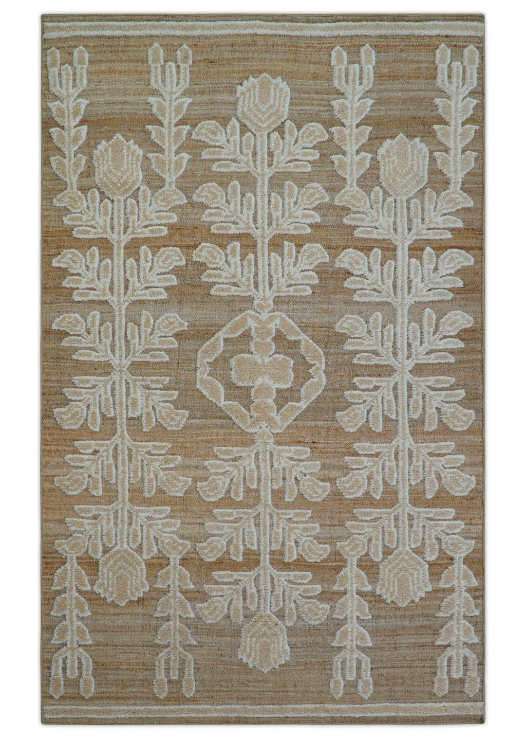 Custom Made Tribal Brown And Ivory Hand Knotted Wool and Jute Rug - The Rug Decor