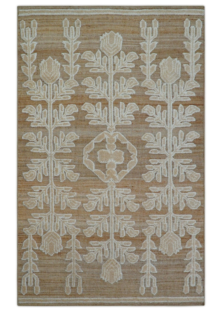 Custom Made Tribal Brown And Ivory Hand Knotted Wool and Jute Rug - The Rug Decor
