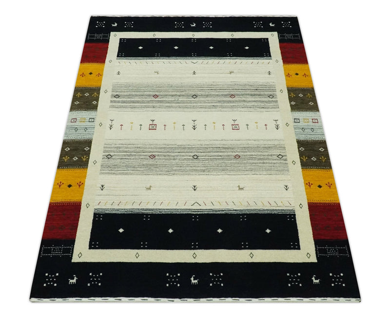 Custom Made Tribal Gabbeh Ivory, Black, Gold and Maroon Stripes design Traditional Wool Area Rug - The Rug Decor