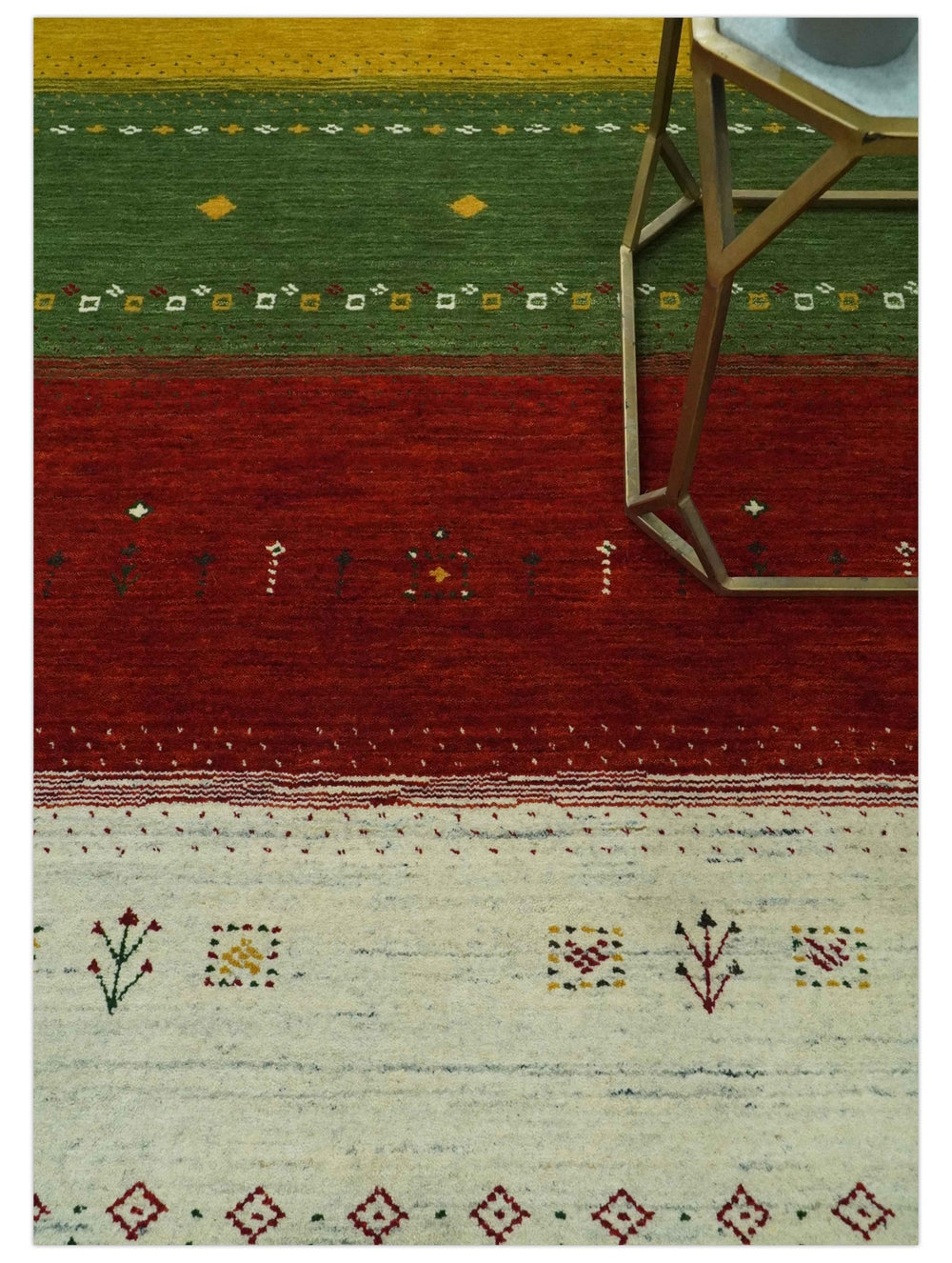 Custom Made Tribal Gabbeh Ivory, Gold, Green and Maroon Geometrical Stripes Design Wool area Rug - The Rug Decor