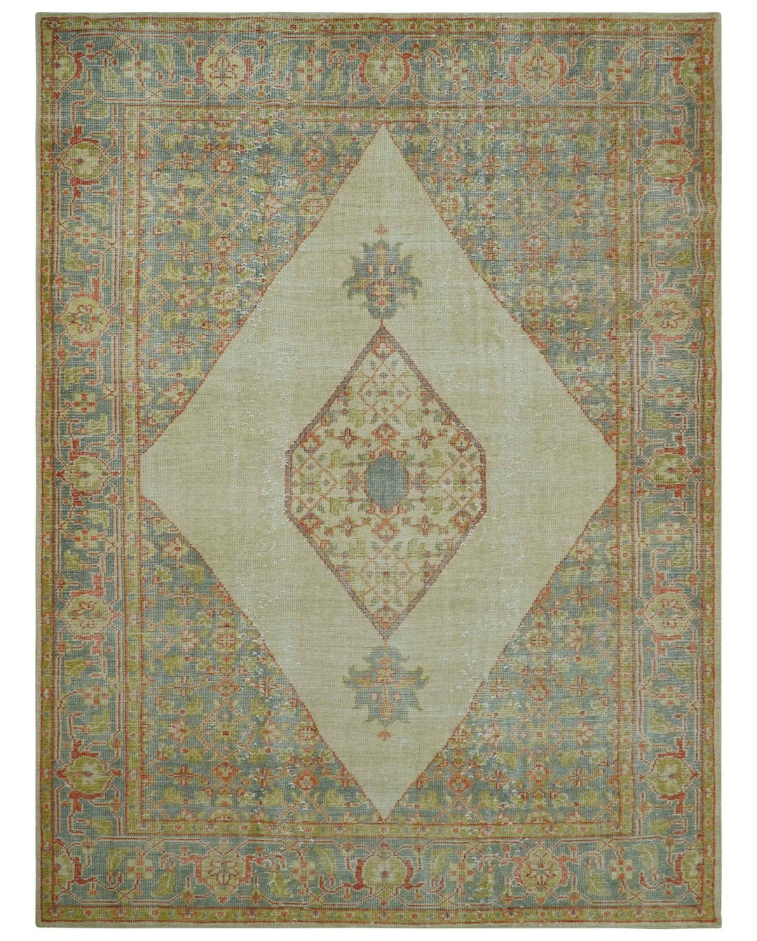 Custom Made Turkish Design Beige and Blue Hand Knotted Wool Rug - The Rug Decor